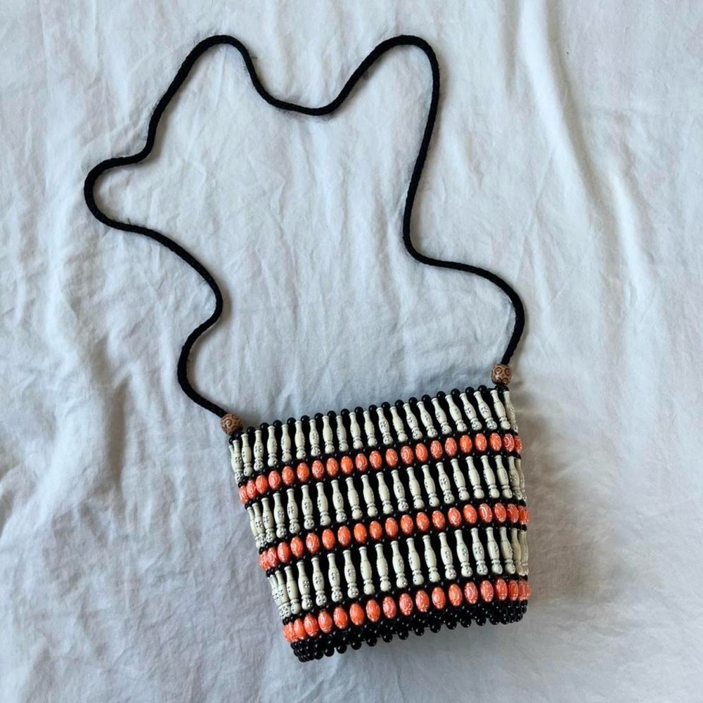 Striped Beaded Crossbody Bag - Black, White, and Orange
